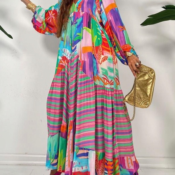 Flowy Long Sleeve Boho Colorful Maxi Dress 2XL Vacation Cruise Poolside - Picture 3 of 6
